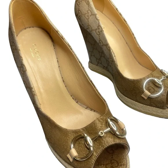 Gucci GG Canvas Charlotte Horsebit Wedge Espadrille Peep Toe Pumps  Size EU 39 - Picture 8 of 11